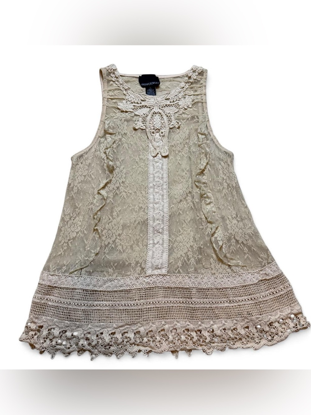 Cynthia Rowley Tan Lace Tank Top Embroiderd and Ruffles Women’s Size S